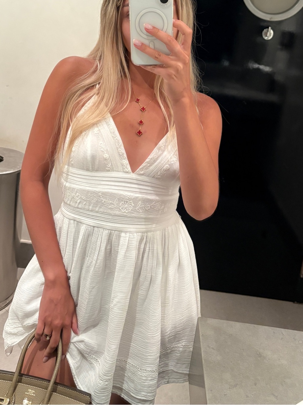 Zara White V-Neck Textured Mini Dress